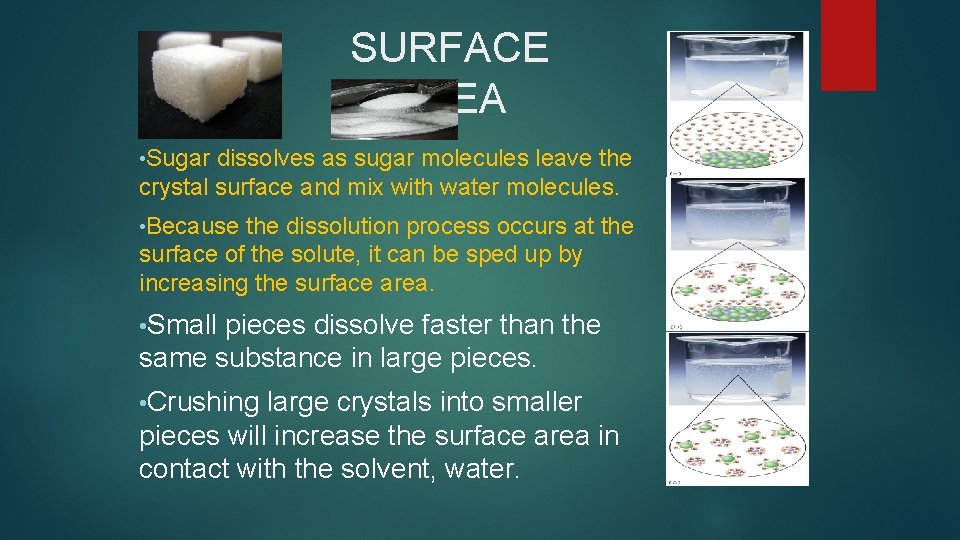 SURFACE AREA • Sugar dissolves as sugar molecules leave the crystal surface and mix