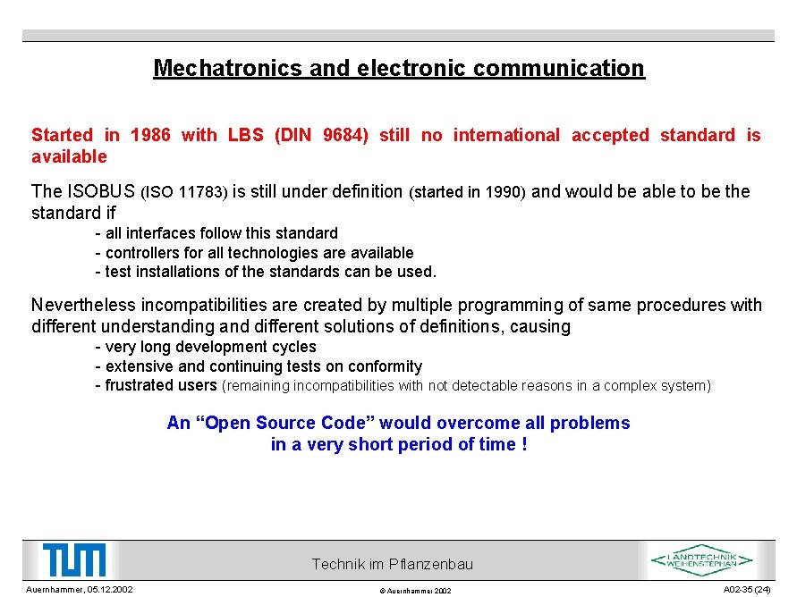 Mechatronics and electronic communication Started in 1986 with LBS (DIN 9684) still no international