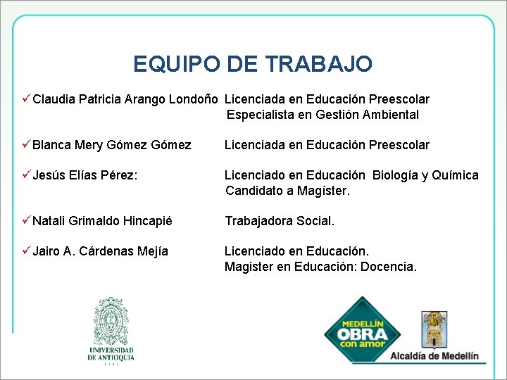 EQUIPO DE TRABAJO üClaudia Patricia Arango Londoño Licenciada en Educación Preescolar Especialista en Gestión