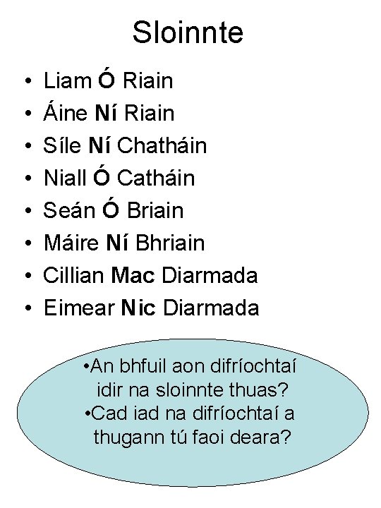 Sloinnte • • Liam Ó Riain Áine Ní Riain Síle Ní Chatháin Niall Ó