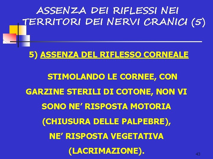 ASSENZA DEI RIFLESSI NEI TERRITORI DEI NERVI CRANICI (5) 5) ASSENZA DEL RIFLESSO CORNEALE