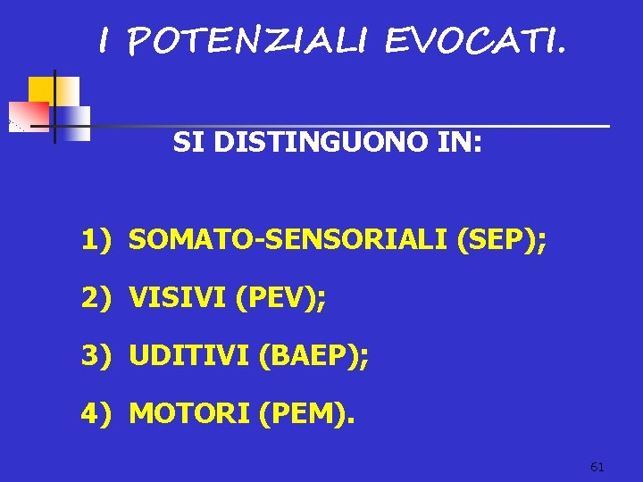 I POTENZIALI EVOCATI. n SI DISTINGUONO IN: v 1) SOMATO-SENSORIALI (SEP); v 2) VISIVI