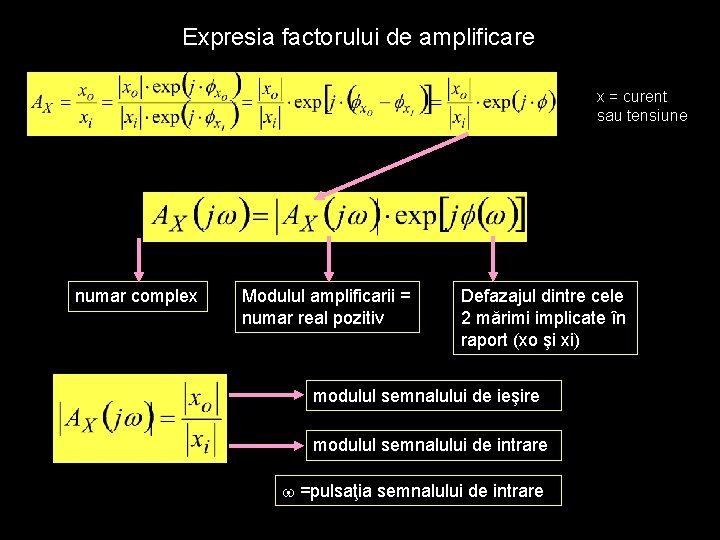 Expresia factorului de amplificare x = curent sau tensiune numar complex Modulul amplificarii =