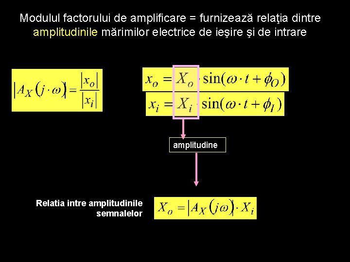 Modulul factorului de amplificare = furnizează relaţia dintre amplitudinile mărimilor electrice de ieşire şi