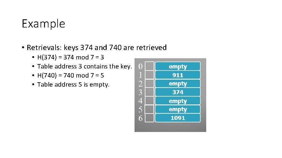 Example • Retrievals: keys 374 and 740 are retrieved • • H(374) = 374