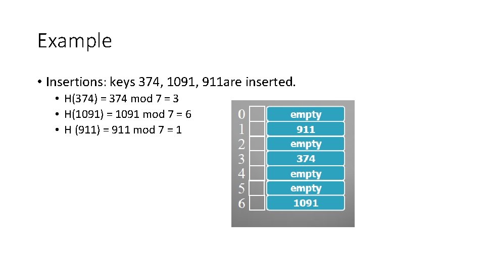 Example • Insertions: keys 374, 1091, 911 are inserted. • H(374) = 374 mod