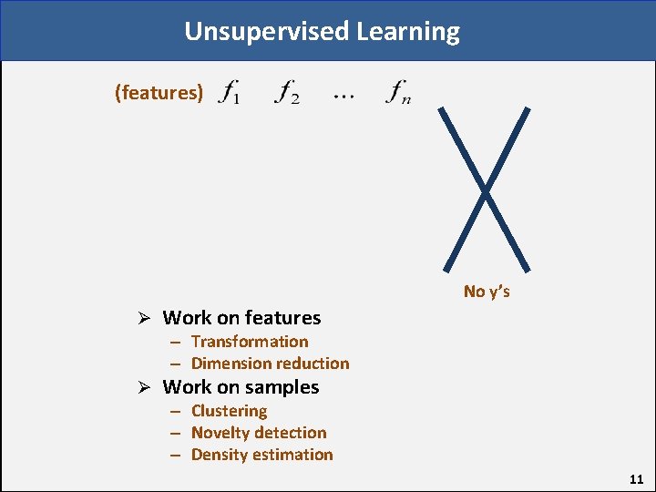 Unsupervised Learning (features) No y’s Ø Work on features – Transformation – Dimension reduction