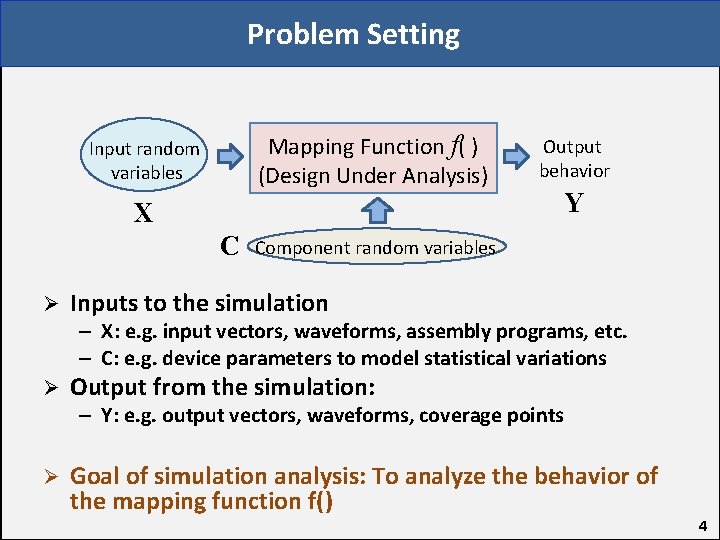Problem Setting Mapping Function f( ) (Design Under Analysis) Input random variables Output behavior