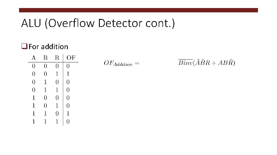 ALU (Overflow Detector cont. ) q. For addition 