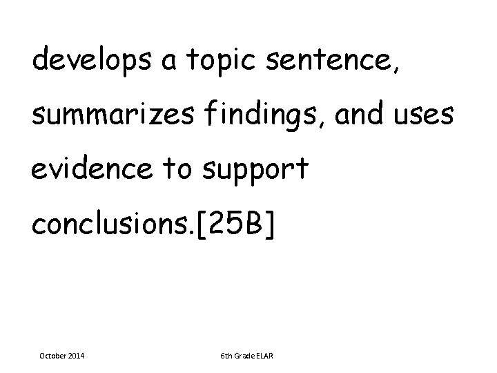 develops a topic sentence, summarizes findings, and uses evidence to support conclusions. [25 B]