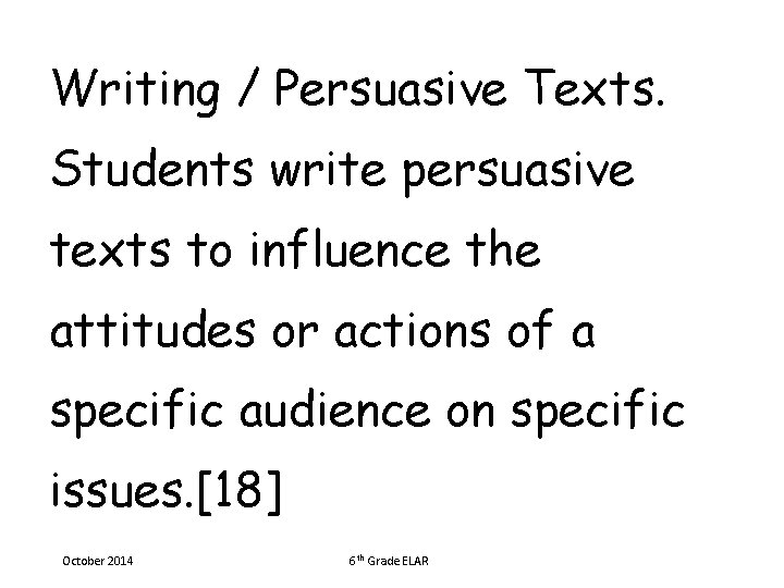 Writing / Persuasive Texts. Students write persuasive texts to influence the attitudes or actions