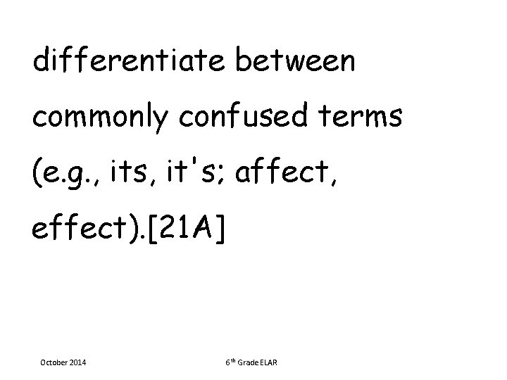 differentiate between commonly confused terms (e. g. , its, it's; affect, effect). [21 A]