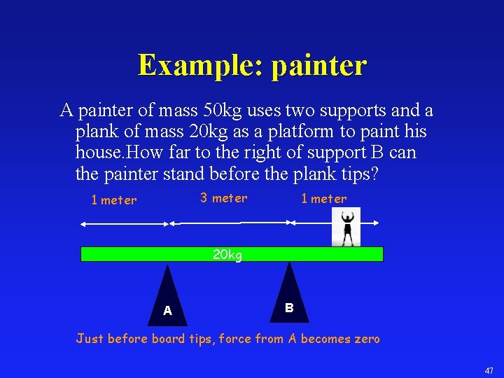 Example: painter A painter of mass 50 kg uses two supports and a plank