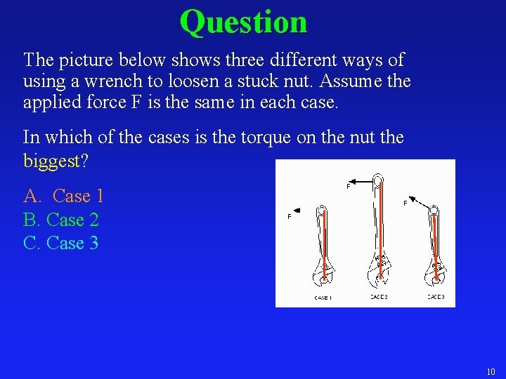 Question The picture below shows three different ways of using a wrench to loosen