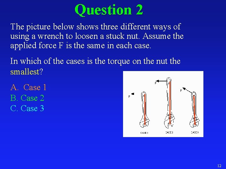 Question 2 The picture below shows three different ways of using a wrench to