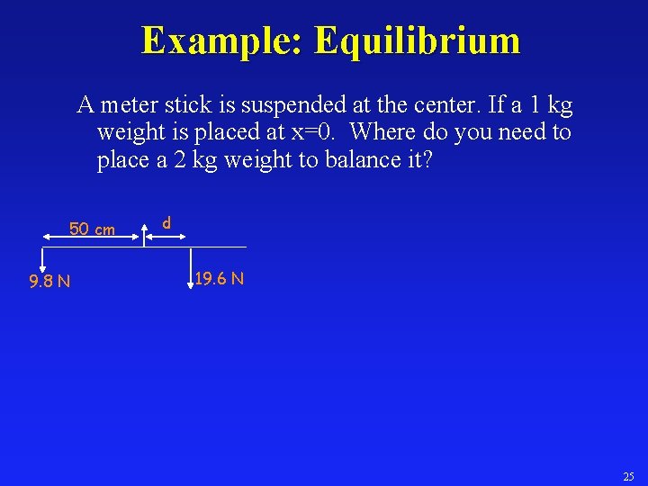 Example: Equilibrium A meter stick is suspended at the center. If a 1 kg