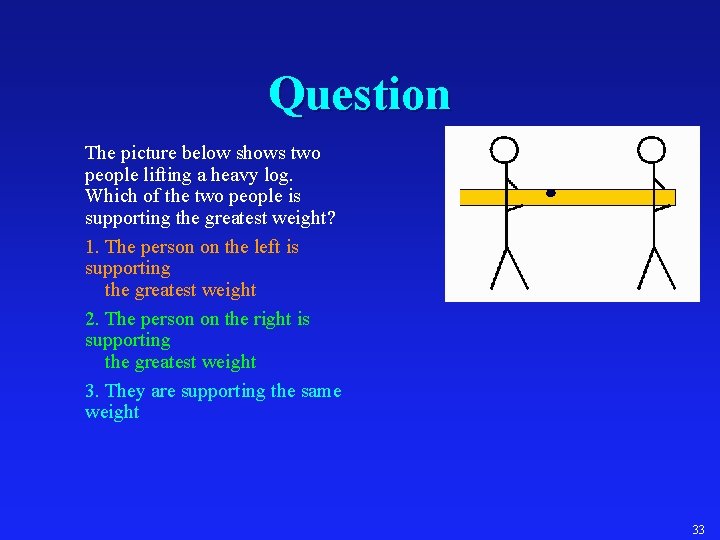 Question The picture below shows two people lifting a heavy log. Which of the