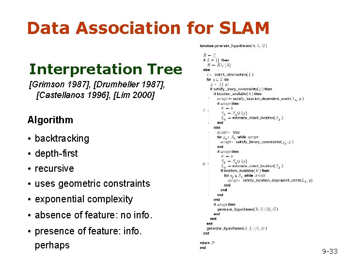Data Association for SLAM Interpretation Tree [Grimson 1987], [Drumheller 1987], [Castellanos 1996], [Lim 2000]