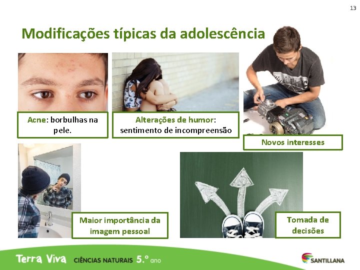 13 Modificações típicas da adolescência Acne: borbulhas na pele. Alterações de humor: sentimento de