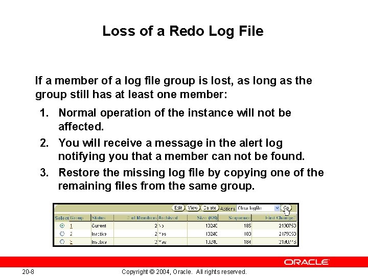 Loss of a Redo Log File If a member of a log file group