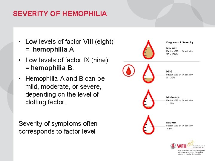 SEVERITY OF HEMOPHILIA • Low levels of factor VIII (eight) = hemophilia A. •