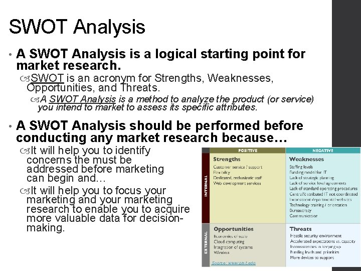 SWOT Analysis • A SWOT Analysis is a logical starting point for market research.