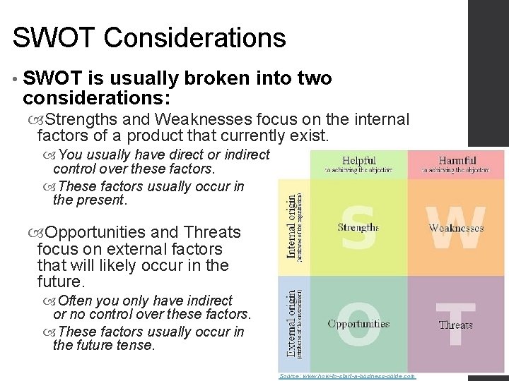 SWOT Considerations • SWOT is usually broken into two considerations: Strengths and Weaknesses focus