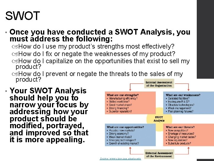 SWOT • Once you have conducted a SWOT Analysis, you must address the following: