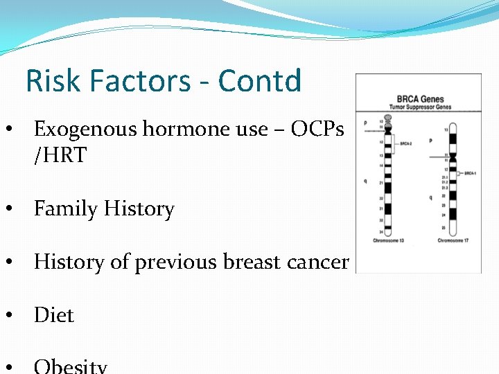 Risk Factors - Contd • Exogenous hormone use – OCPs /HRT • Family History