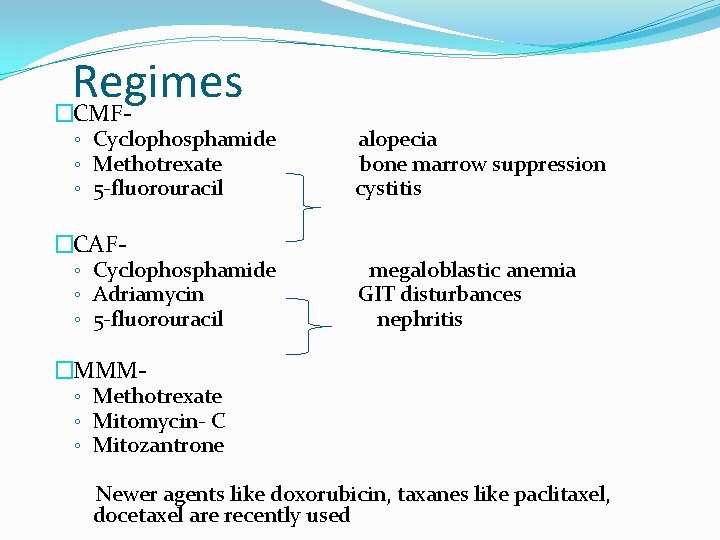 Regimes �CMF- ◦ Cyclophosphamide ◦ Methotrexate ◦ 5 -fluorouracil �CAF- ◦ Cyclophosphamide ◦ Adriamycin