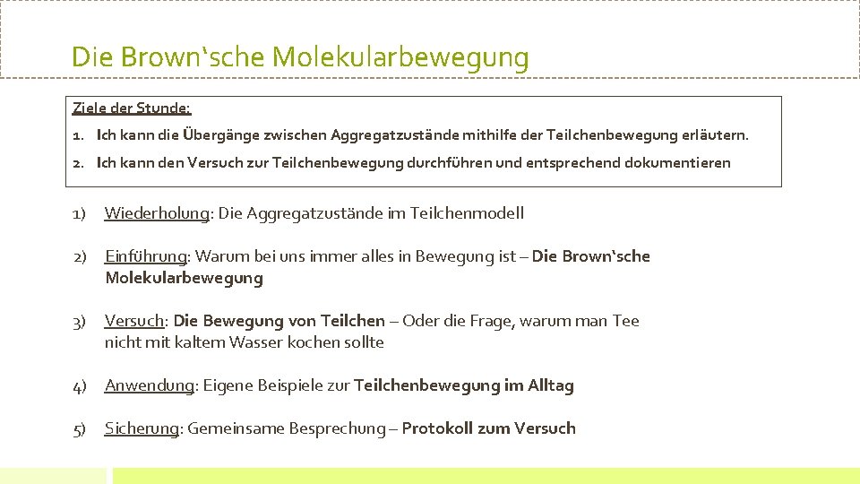 Die Brown‘sche Molekularbewegung Ziele der Stunde: 1. Ich kann die Übergänge zwischen Aggregatzustände mithilfe