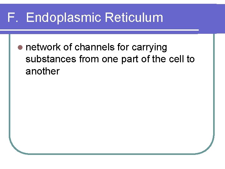 F. Endoplasmic Reticulum l network of channels for carrying substances from one part of