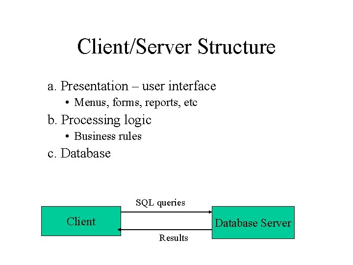 Client/Server Structure a. Presentation – user interface • Menus, forms, reports, etc b. Processing