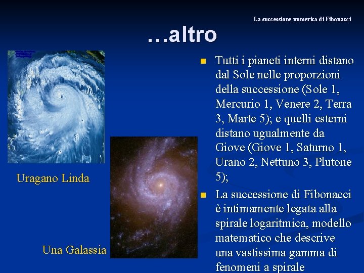 …altro n Uragano Linda n Una Galassia La successione numerica di Fibonacci Tutti i