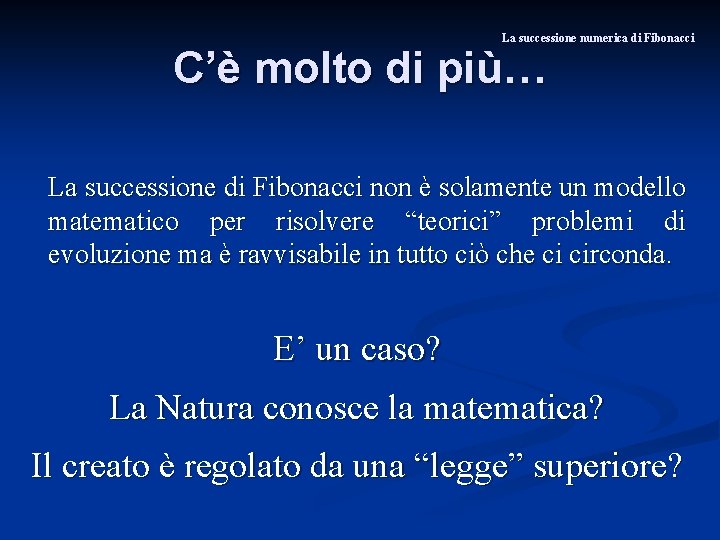 La successione numerica di Fibonacci C’è molto di più… La successione di Fibonacci non