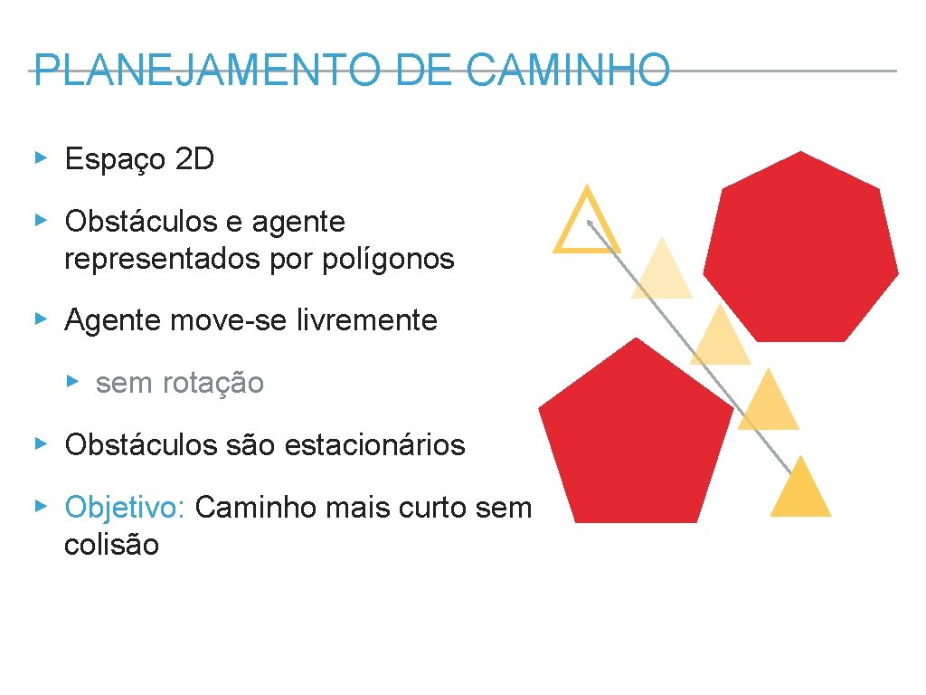 PLANEJAMENTO DE CAMINHO ▸ Espaço 2 D ▸ Obstáculos e agente representados por polígonos