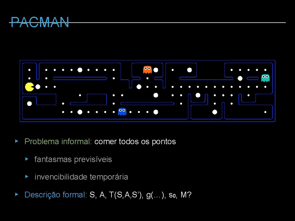 PACMAN ▸ Problema informal: comer todos os pontos ▸ fantasmas previsíveis ▸ invencibilidade temporária