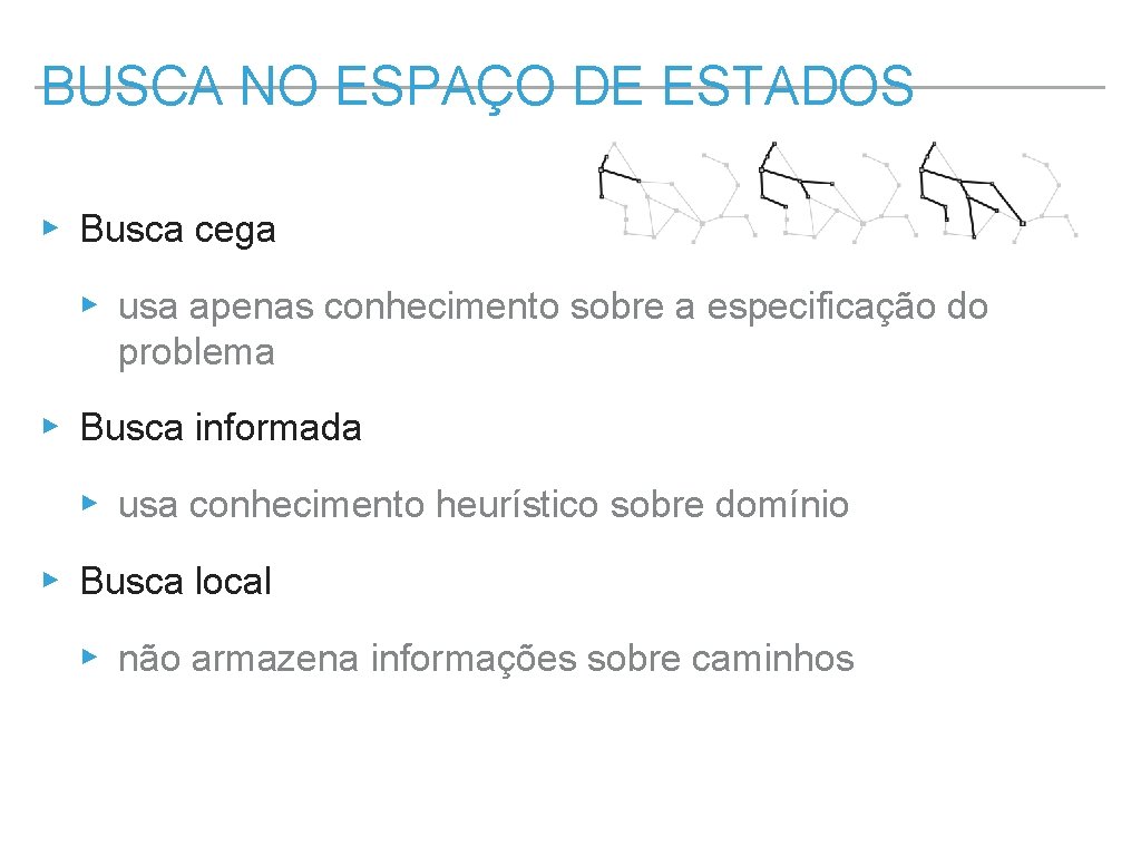 BUSCA NO ESPAÇO DE ESTADOS ▸ Busca cega ▸ usa apenas conhecimento sobre a