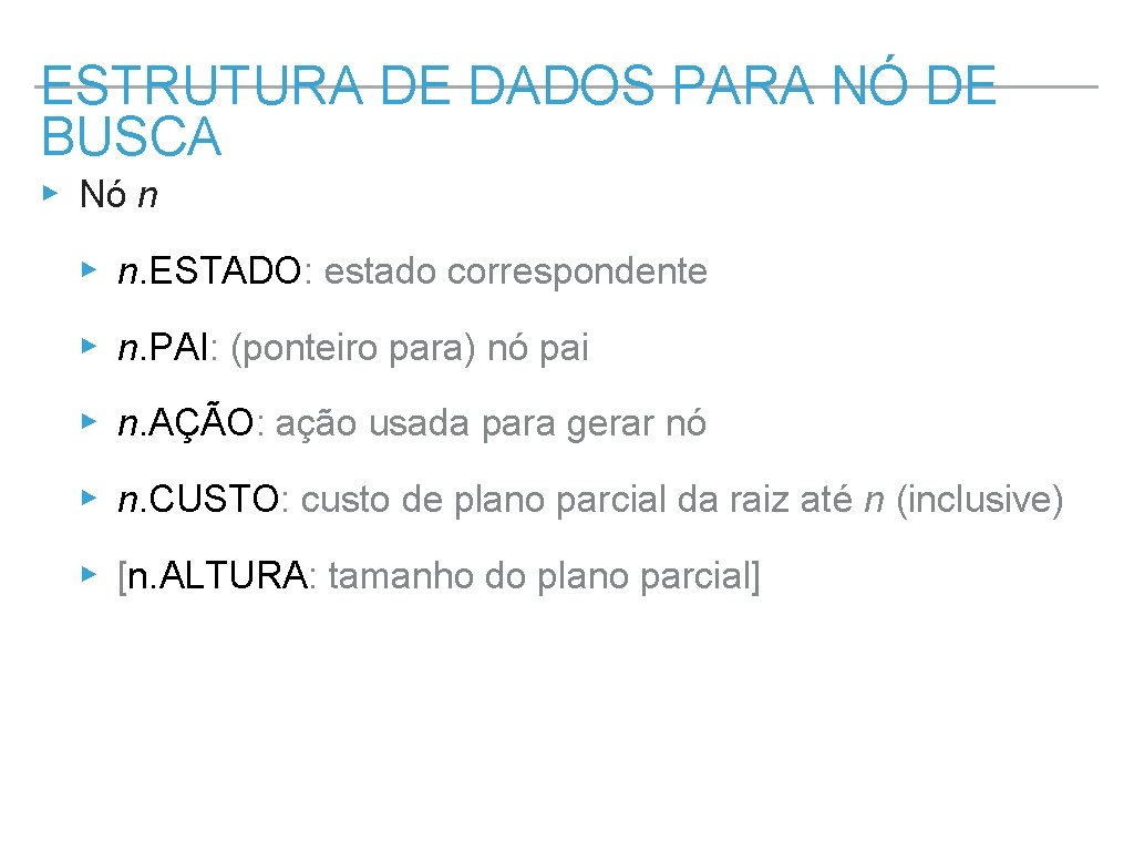 ESTRUTURA DE DADOS PARA NÓ DE BUSCA ▸ Nó n ▸ n. ESTADO: estado