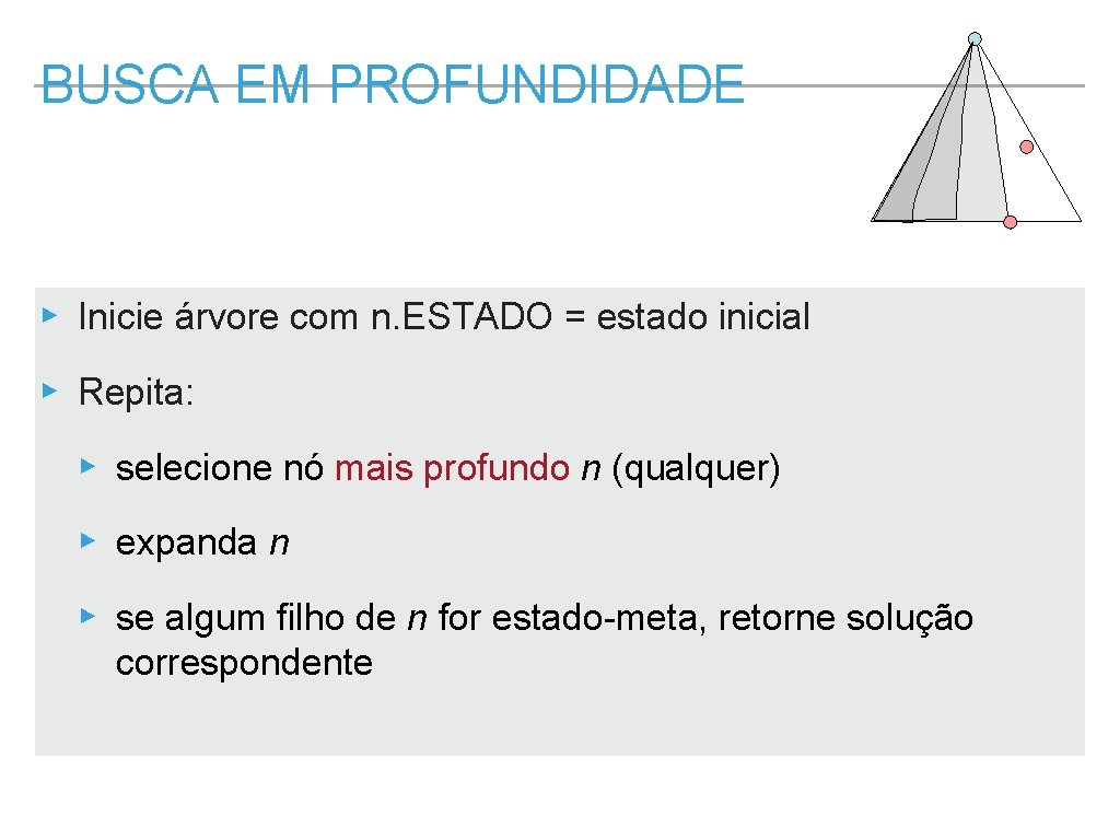 BUSCA EM PROFUNDIDADE ▸ Inicie árvore com n. ESTADO = estado inicial ▸ Repita: