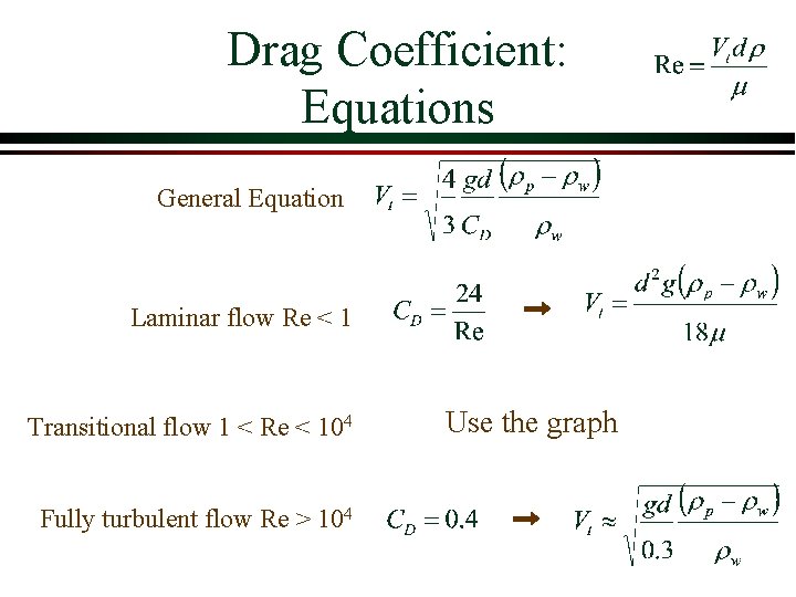 Drag Coefficient: Equations General Equation Laminar flow Re < 1 Transitional flow 1 < Drag Coefficient: Equations General Equation Laminar flow Re < 1 Transitional flow 1 <