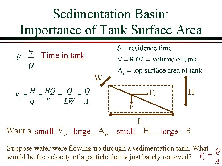 Sedimentation Basin: Importance of Tank Surface Area Time in tank W H L Want Sedimentation Basin: Importance of Tank Surface Area Time in tank W H L Want