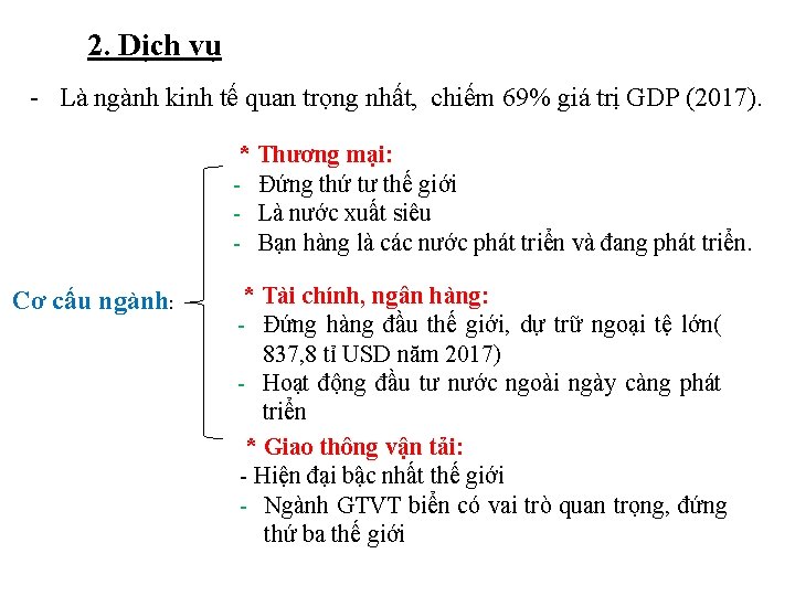 2. Dịch vụ - Là ngành kinh tế quan trọng nhất, chiếm 69% giá