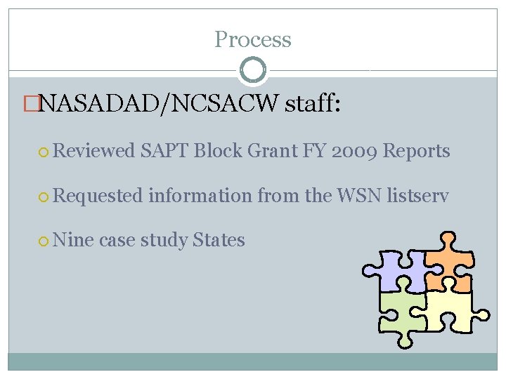 Process �NASADAD/NCSACW staff: Reviewed SAPT Block Grant FY 2009 Reports Requested Nine information from