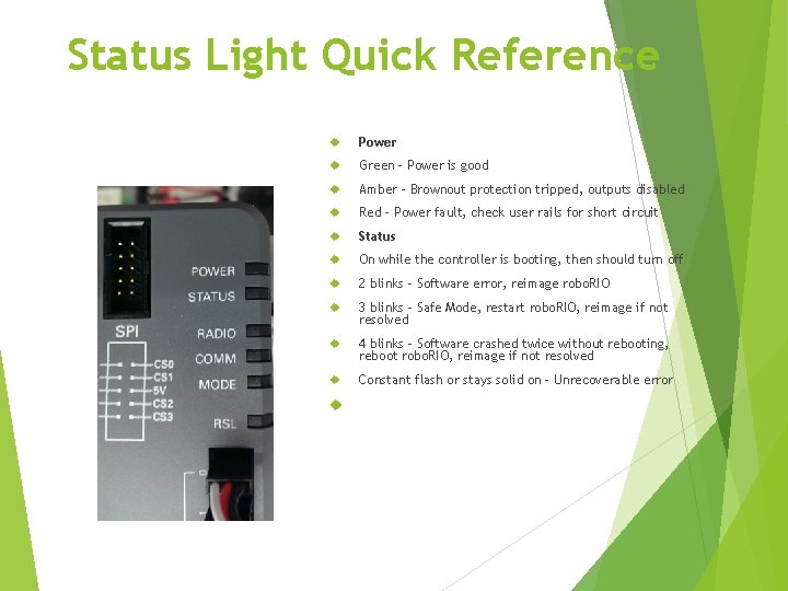 Status Light Quick Reference Power Green - Power is good Amber - Brownout protection Status Light Quick Reference Power Green - Power is good Amber - Brownout protection