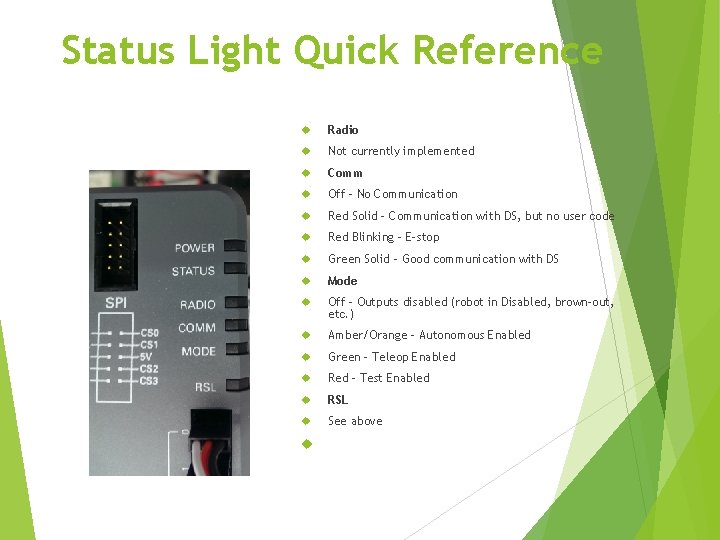 Status Light Quick Reference Radio Not currently implemented Comm Off - No Communication Red Status Light Quick Reference Radio Not currently implemented Comm Off - No Communication Red