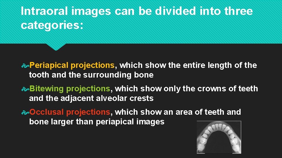 Intraoral images can be divided into three categories: Periapical projections, which show the entire