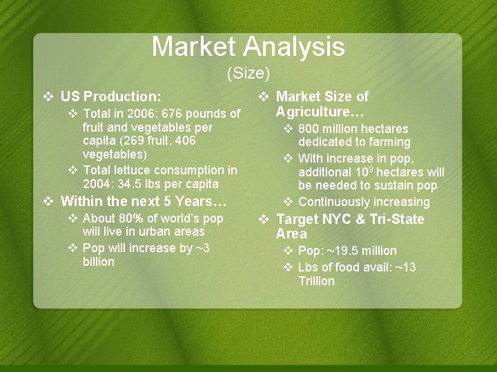 Market Analysis (Size) v US Production: v Total in 2006: 676 pounds of fruit