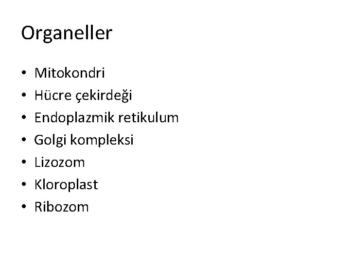 Organeller • • Mitokondri Hücre çekirdeği Endoplazmik retikulum Golgi kompleksi Lizozom Kloroplast Ribozom 