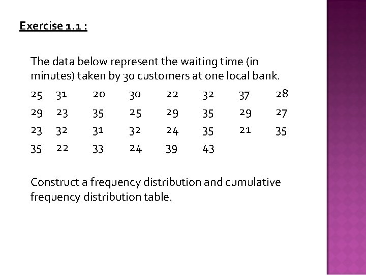 Exercise 1. 1 : The data below represent the waiting time (in minutes) taken